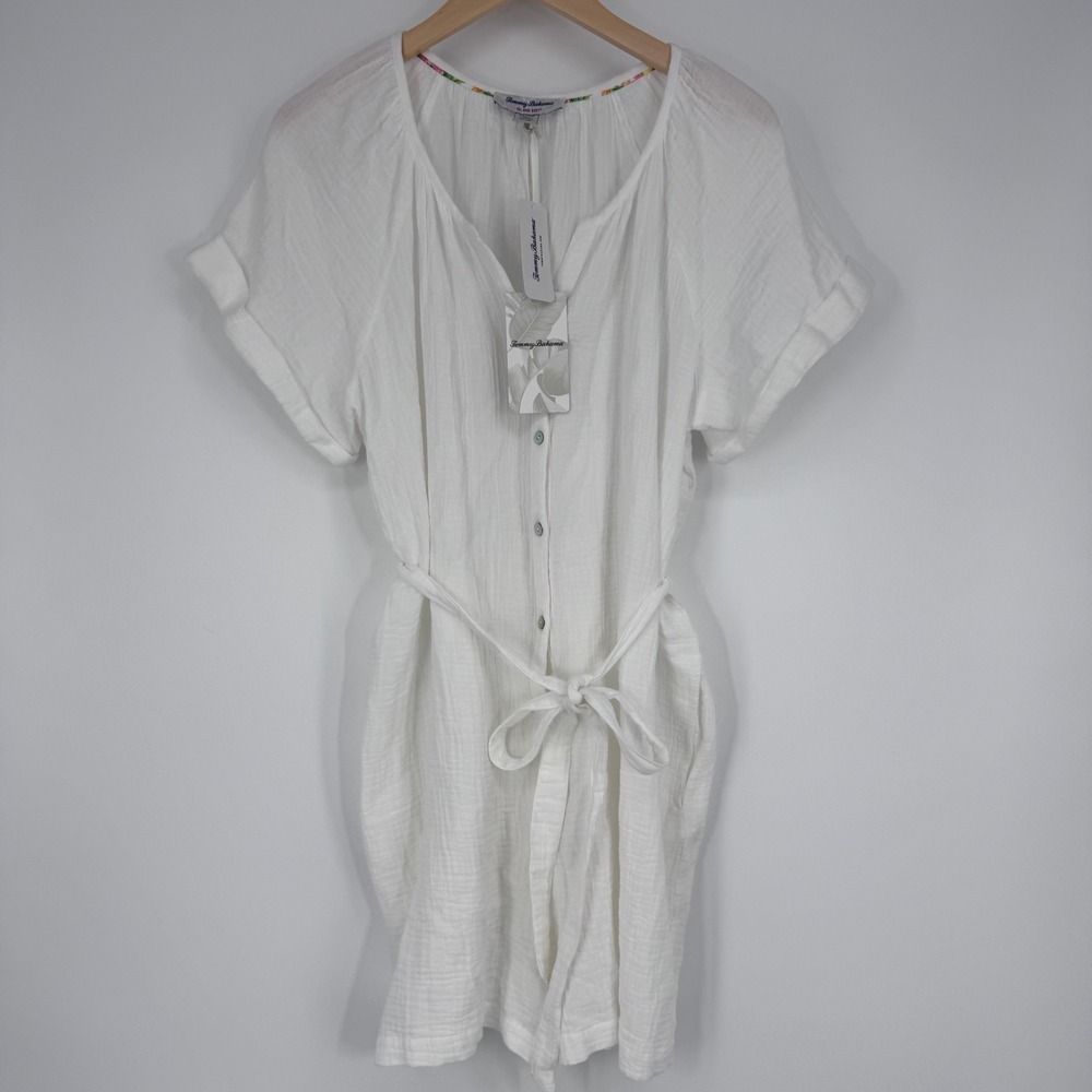 Tommy Bahama‎ Coral Isle SS Romper Women XL White Gauze Belted Island Resort